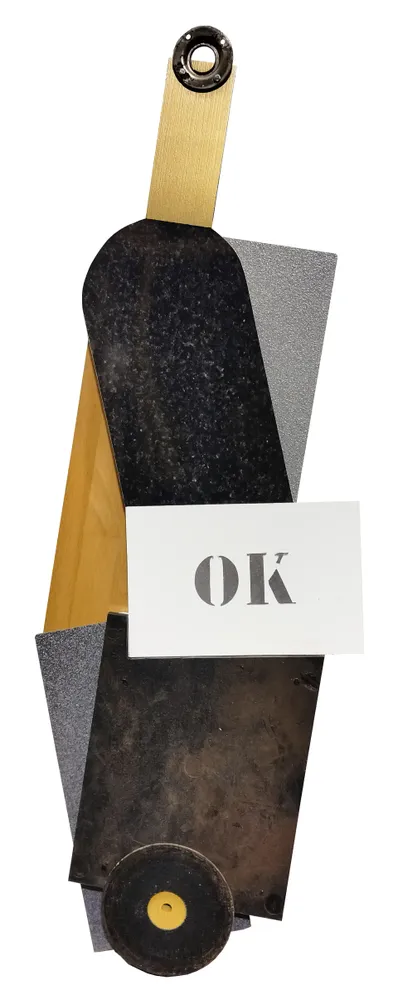 Artwork titled "Botella OK" made with iron, synthetic enamelled paint, laminate, rubber, mdf in the year 2024 by Juan Diego Miguel
