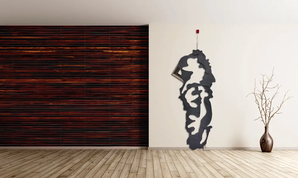 Artwork titled "Personaje" made with synthetic enamelled paint, plywood, stainless steel, laminate, frames in the year 2024 by Juan Diego Miguel