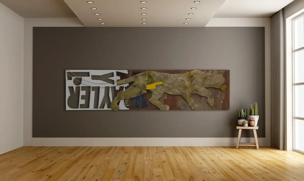 Artwork titled "A dos pasos" made with brass, laminate, synthetic enamelled paint, plywood, Plastic in the year 2024 by Juan Diego Miguel