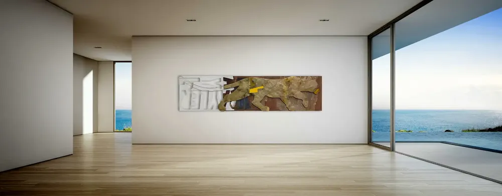 Artwork titled "A dos pasos" made with brass, laminate, synthetic enamelled paint, plywood, Plastic in the year 2024 by Juan Diego Miguel
