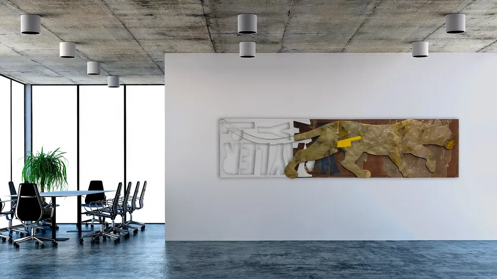 Artwork titled "A dos pasos" made with brass, laminate, synthetic enamelled paint, plywood, Plastic in the year 2024 by Juan Diego Miguel