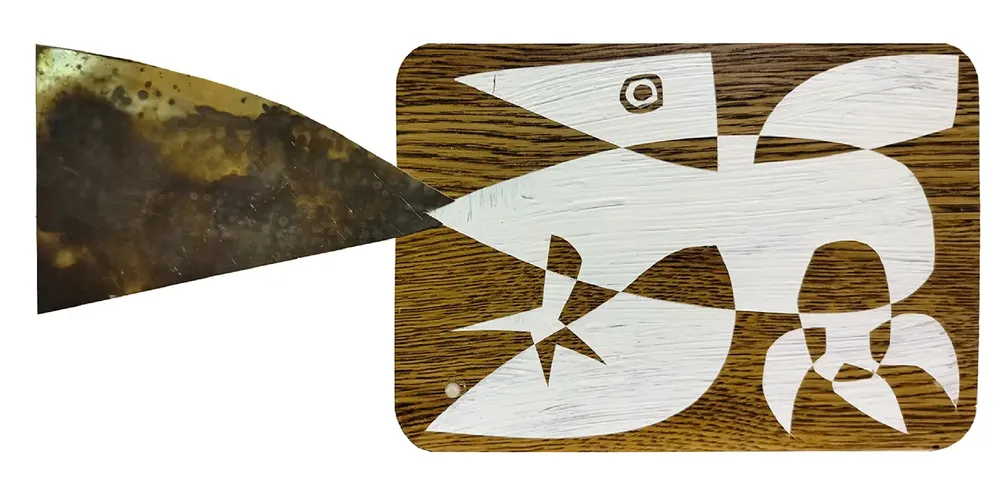 Artwork titled "Pajaro" made with synthetic enamelled paint, laminate, brass in the year 2024 by Juan Diego Miguel