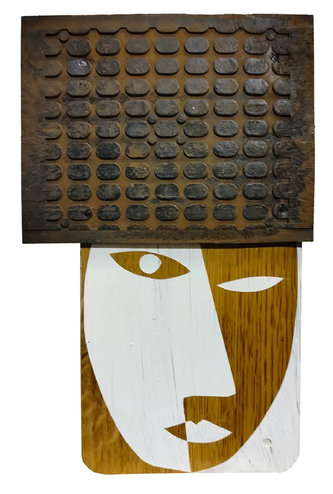 Artwork titled "Cabeza" made with synthetic enamelled paint, laminate, rubber, iron in the year 2024 by Juan Diego Miguel
