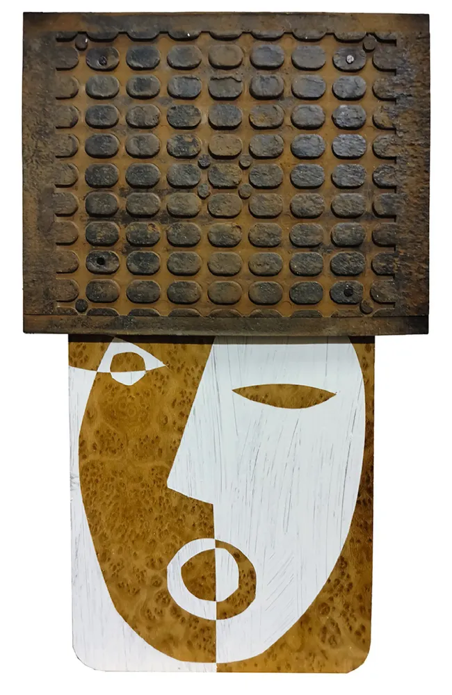 Artwork titled "Cabeza" made with synthetic enamelled paint, laminate, rubber, iron in the year 2024 by Juan Diego Miguel