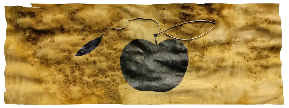 Artwork titled "Manzana" made with wood, graphite, brass, copper in the year 2024 by Juan Diego Miguel