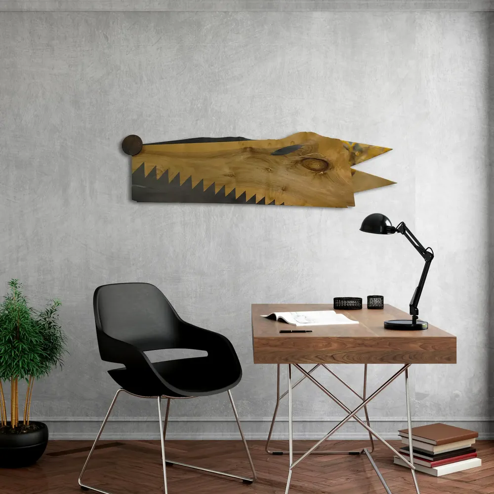 Artwork titled "Perro" made with rubber, iron, wood, graphite, brass in the year 2024 by Juan Diego Miguel