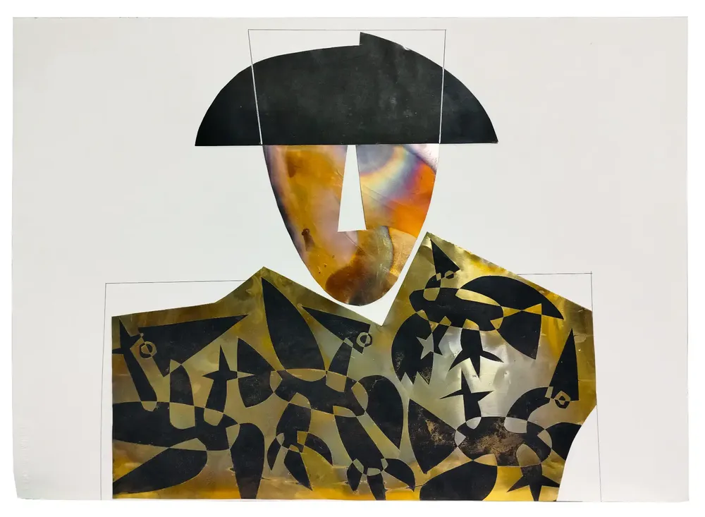Artwork titled "Camisa de pajaros" made with brass, copper, pen, Typex, paper in the year 2024 by Juan Diego Miguel