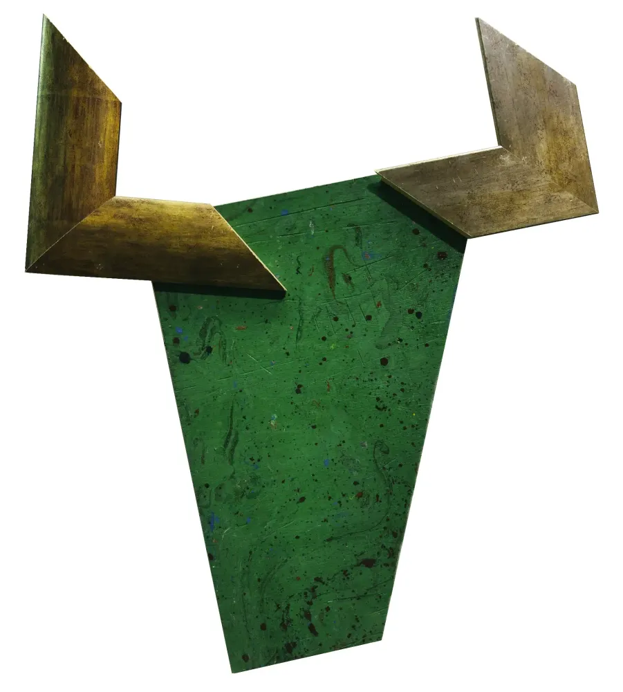 Artwork titled "Vaca verde" made with frames, synthetic enamelled paint, plywood in the year 2025 by Juan Diego Miguel