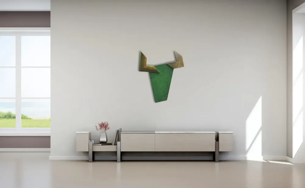 Artwork titled "Vaca verde" made with frames, synthetic enamelled paint, plywood in the year 2025 by Juan Diego Miguel
