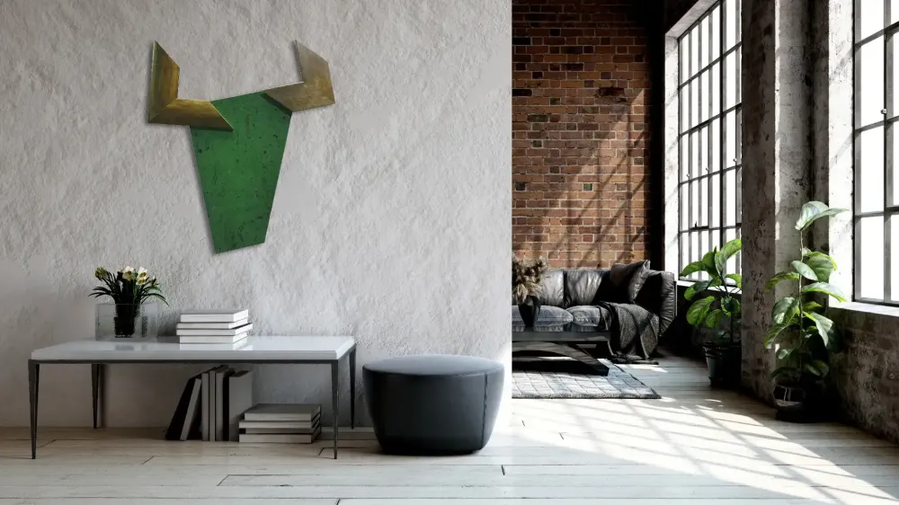 Artwork titled "Vaca verde" made with frames, synthetic enamelled paint, plywood in the year 2025 by Juan Diego Miguel